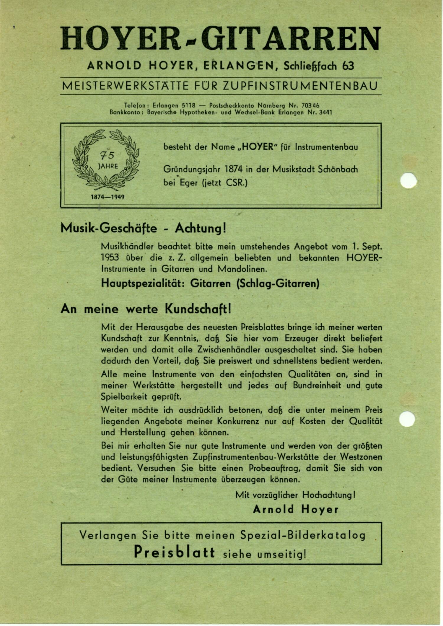 Vorderseite der Preisliste von 1953 mit Hinweis auf das 75-jährige Jubiläum von 1949
