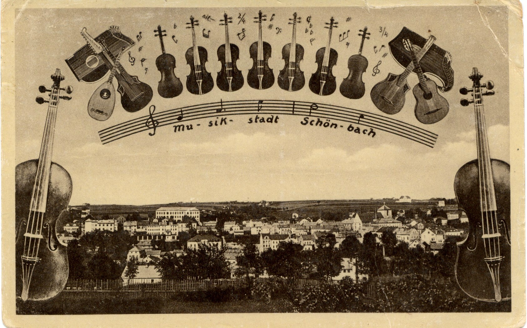 „Himmel voller Geigen“ – und voller Gitarren: Die Ansichtskarte der Musikstadt Schönbach aus den 1920er Jahren