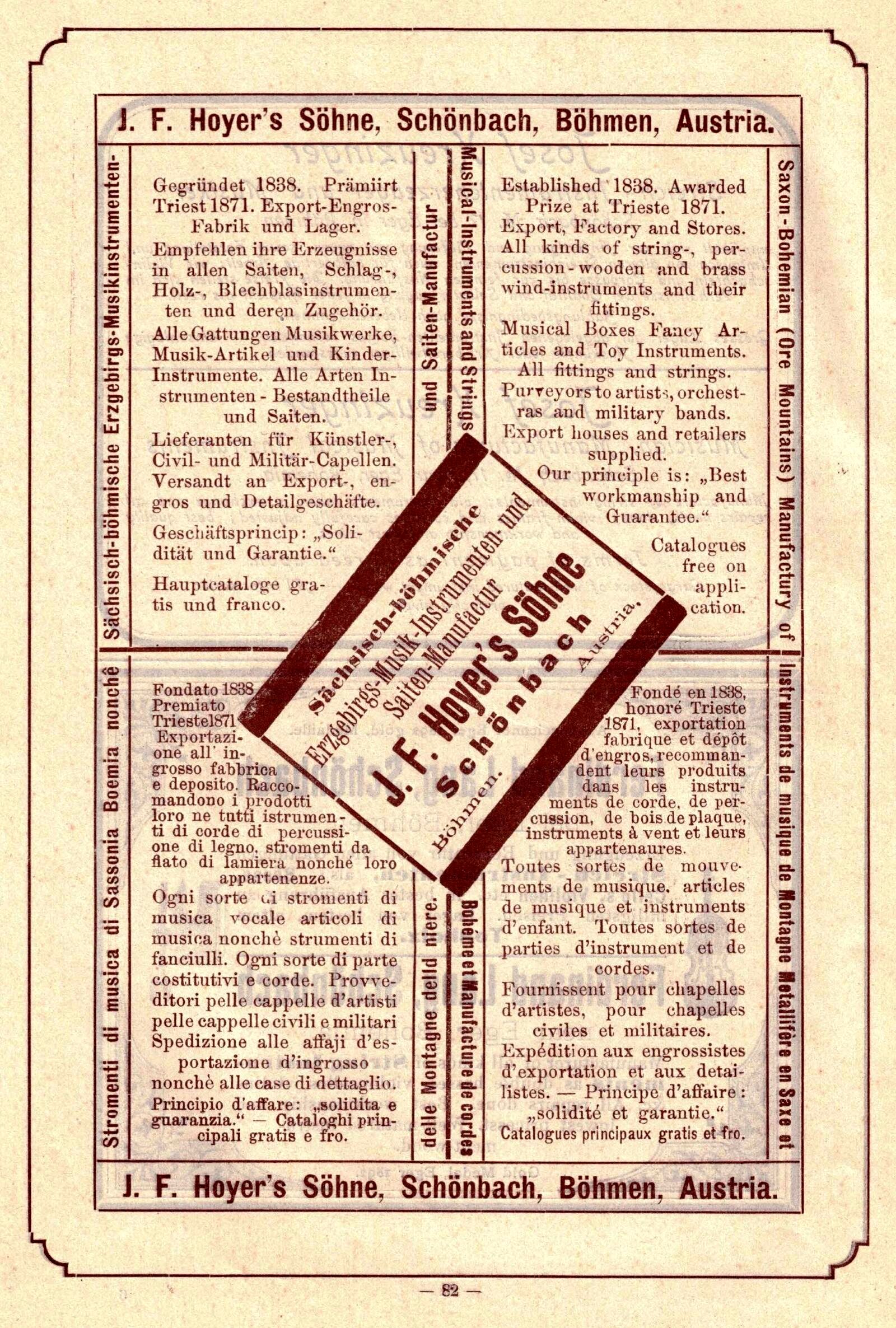 Ganzseitige Anzeige aus dem Jahr 1897 mit dem Hinweis auf die Gründung im Jahr 1838 aus der Schrift „Oesterreich’s Cremona“