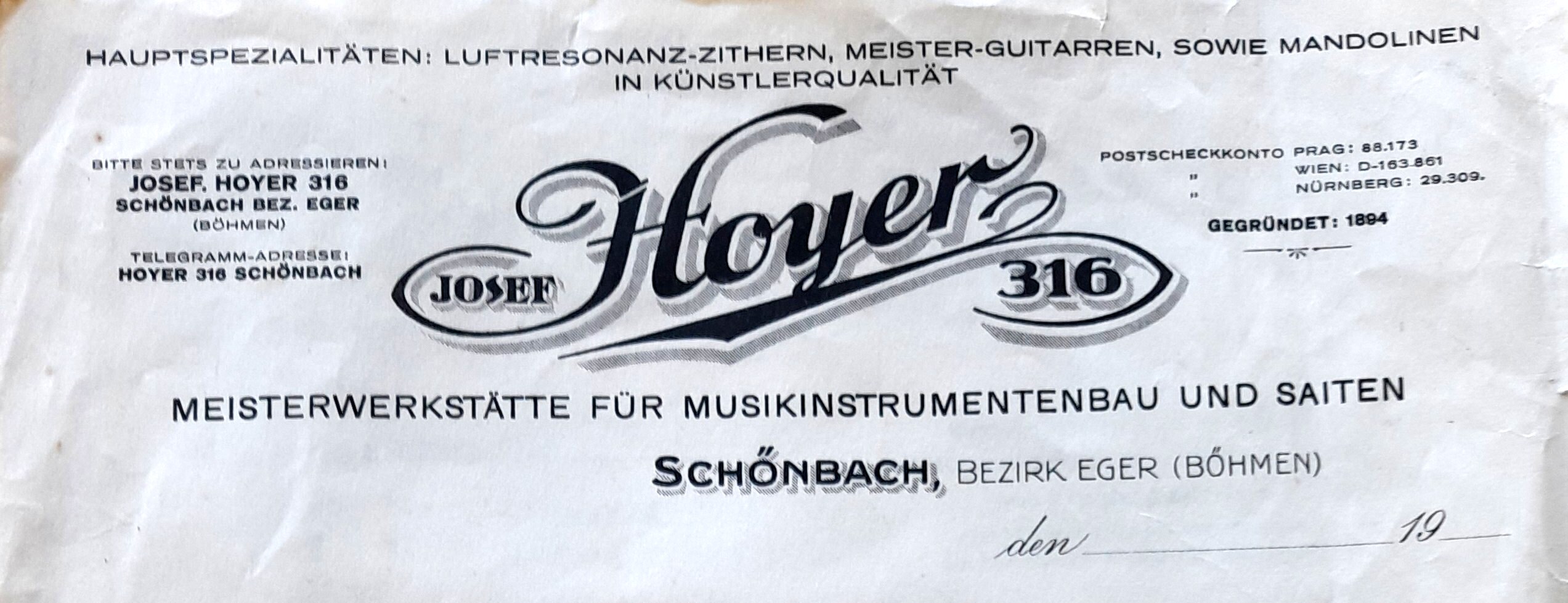 Der Briefkopf der Meisterwerkstätte von Josef Hoyer stammt von ca. 1910