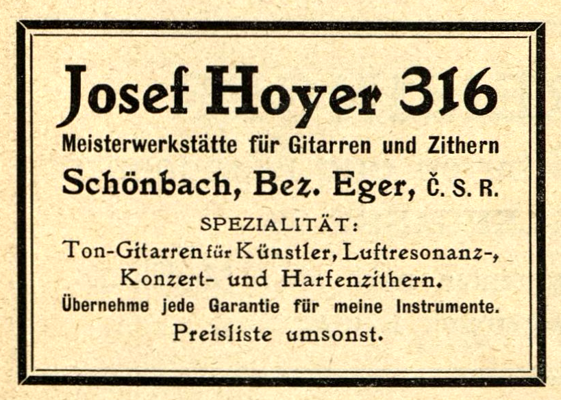 Anzeige von Josef Hoyer in der „Zeitschrift für die Gitarre“ in Wien vom 1. September 1926